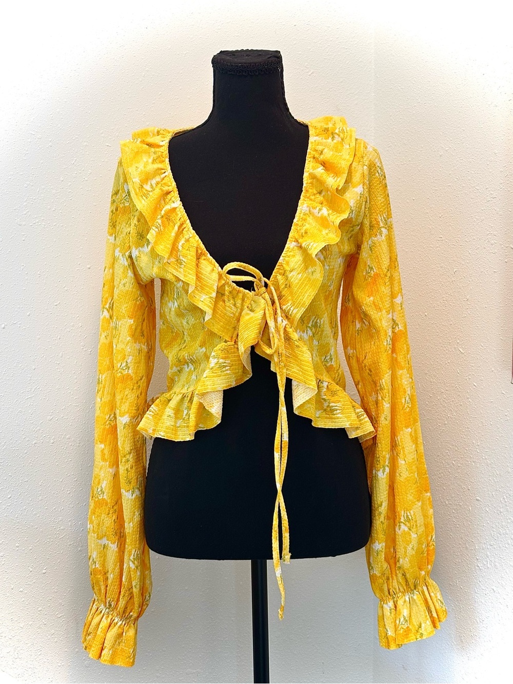 Zara Yellow Floral Ruffle Tie-Front Blouse